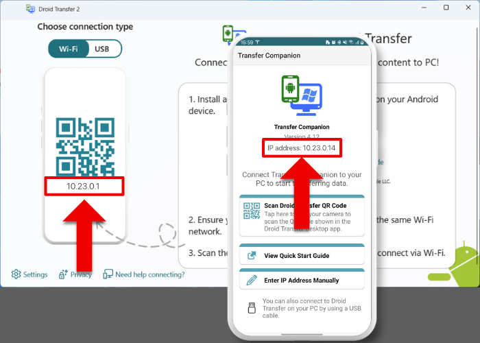 Droid Transfer WiFi connection IP address location