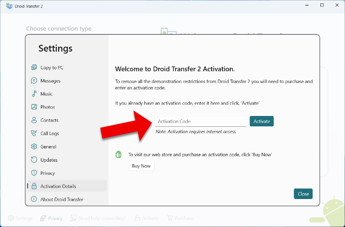 Enter your activation code to activate Droid Transfer