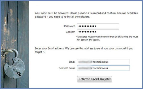 Entering a password to activate Droid Transfer 1
