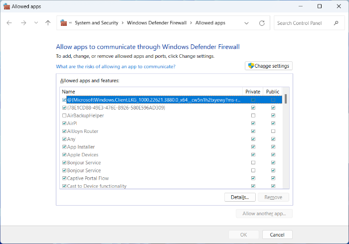Viewing the apps which are allowed through Windows Firewall