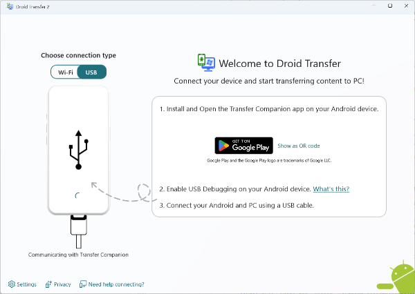 connect droid transfer and transfer companion with usb