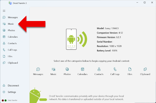 Droid Transfer music section