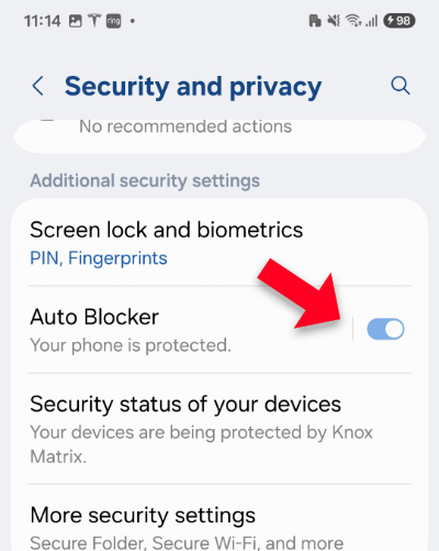 Turning off Auto Blocker on Samsung