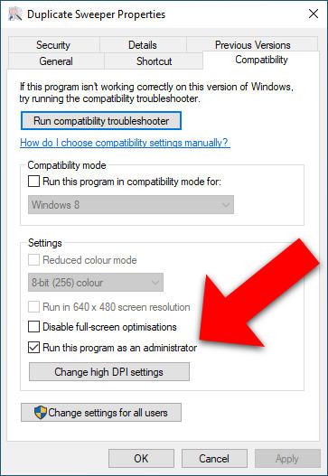 Run Duplicate Sweeper as administrator