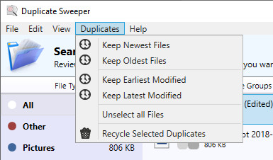 Duplicate Sweeper selection preferences