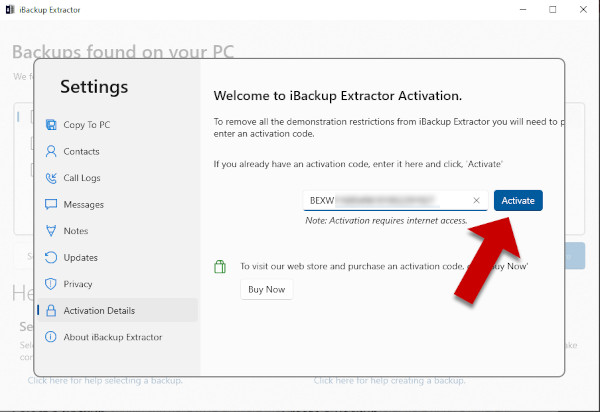 Activate iBackup Extractor on Windows PC with purchased licence