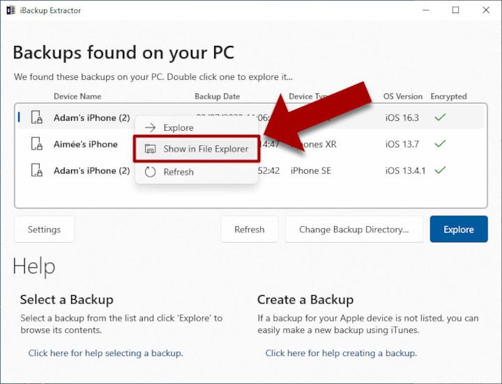 Easily finding backups on Windows PC using iBackup Extractor
