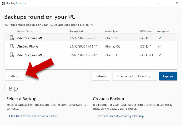 Access iBackup Extractor settings on PC