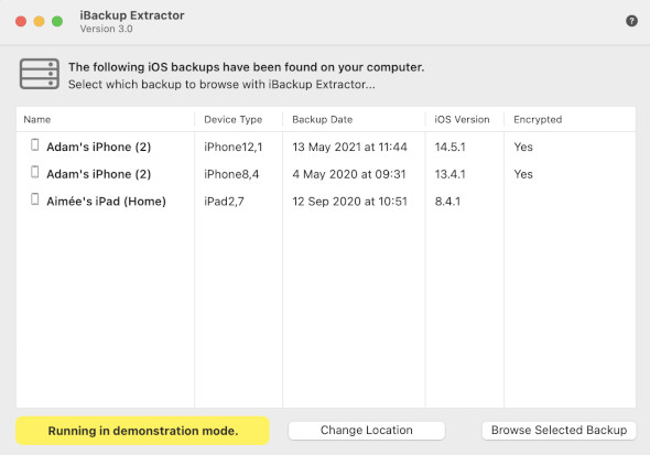 Select a backup to browse in iBackup Extractor for Mac