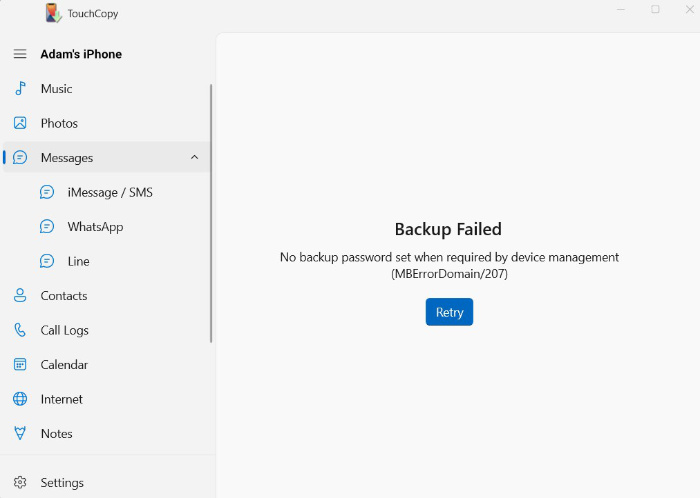 Backup failed error message in TouchCopy