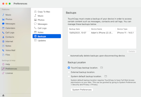 TouchCopy backup preferences on Mac