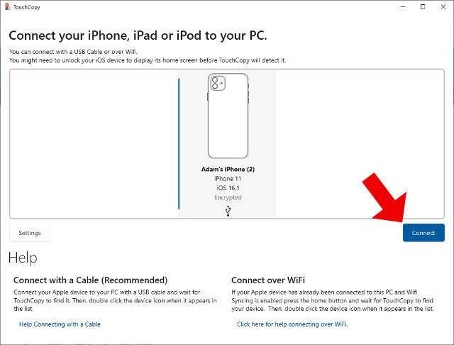 Connect device with TouchCopy on PC