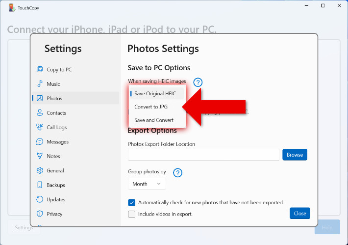 Convert iPhone HEIC to JPG with TouchCopy