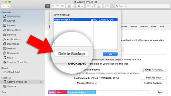Delete iPhone backups in Mac Finder
