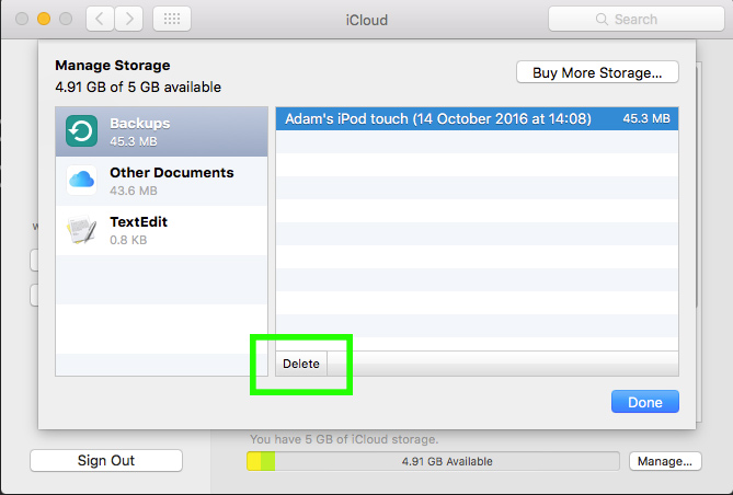 Delete device backup in iCloud