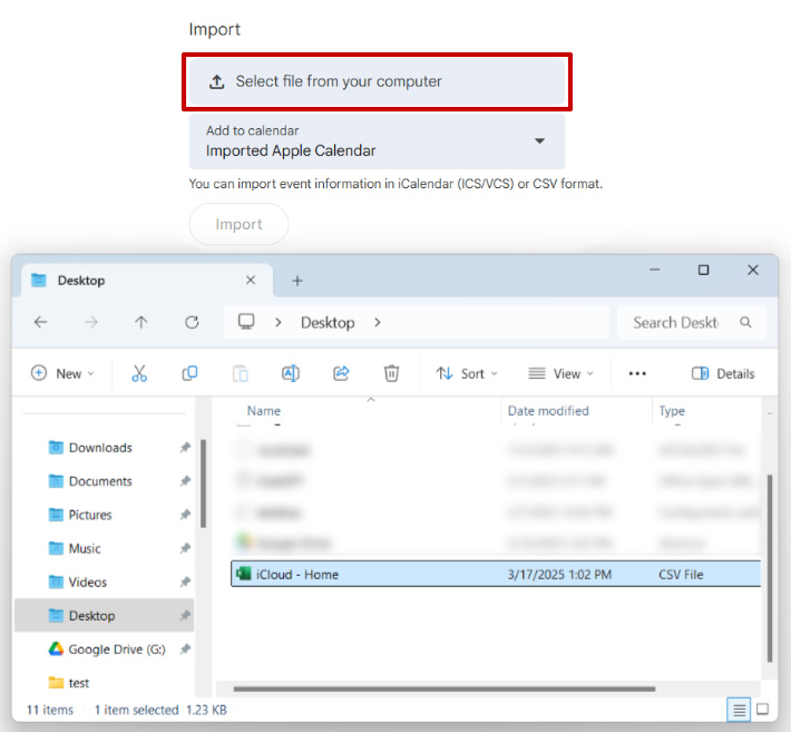 Choose CSV file for calendars you want to import