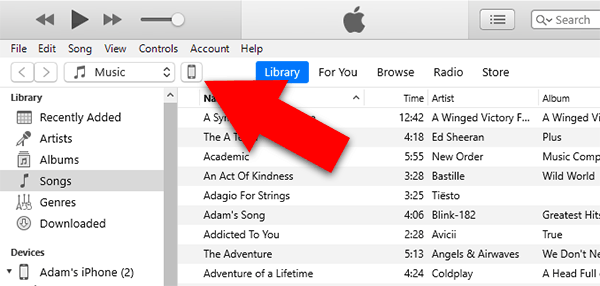 Selecting a connected device in iTunes