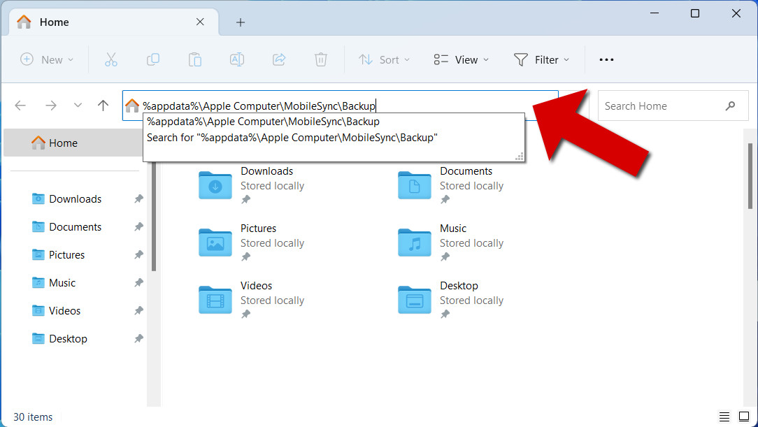 Locate iPhone backup in File Explorer on Windows PC