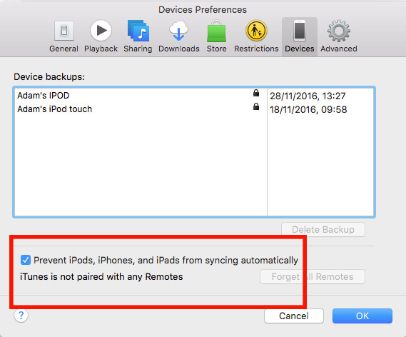 Prevent iTunes from automatically syncing with iPod