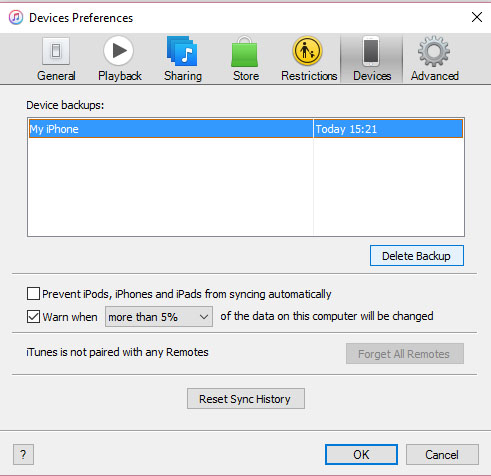 Delete device backup in iTunes