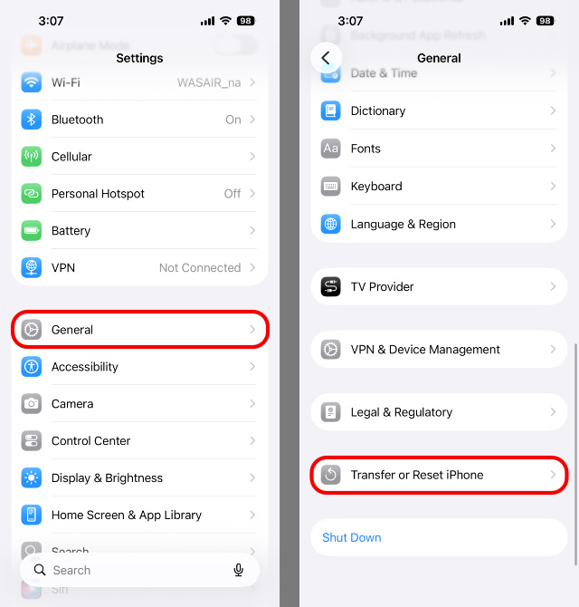 Transfer or reset phone in iPhone Settings