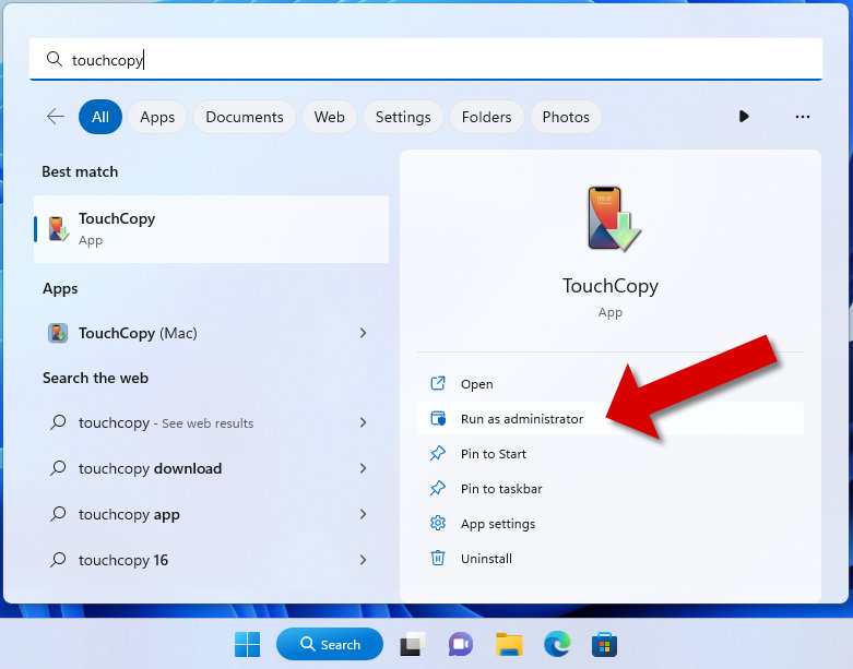 Running TouchCopy as administrator