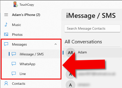 Select a conversation in TouchCopy