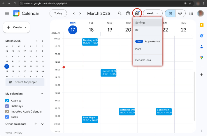 Access  Google Calendar settings