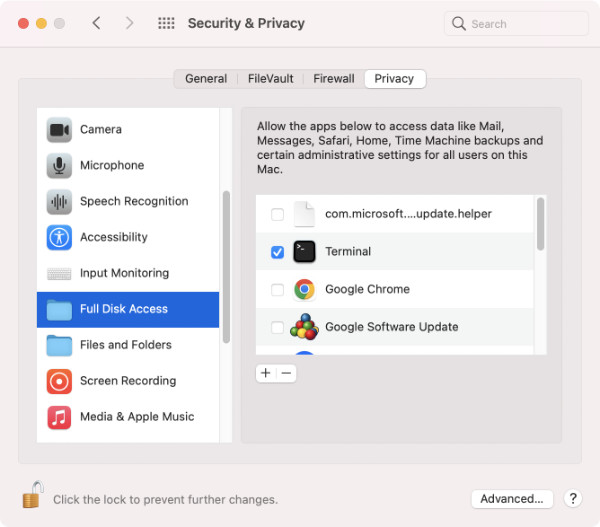 Setting Full Disk Access for Terminal on Mac