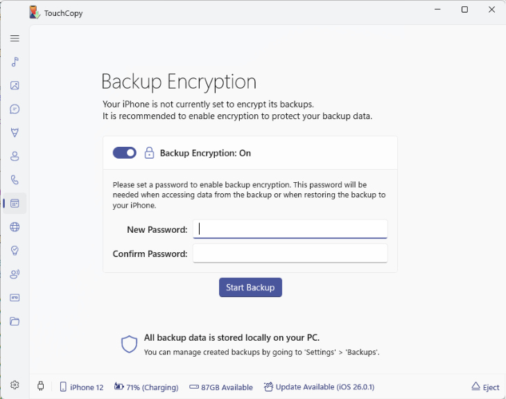 Setting a password for backup encryption in TouchCopy