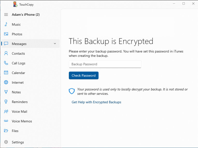 Accessing an encrypted iPhone backup in TouchCopy