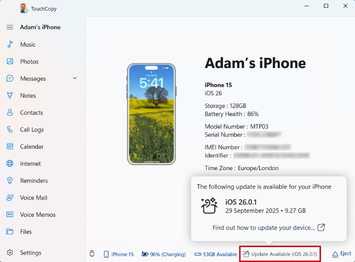 TouchCopy prompting that an iOS update is available