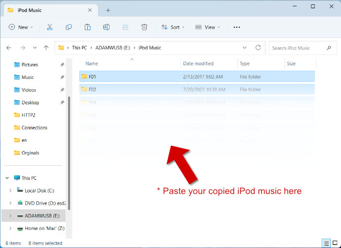 Transfer iPod music to USB stick with File Explorer