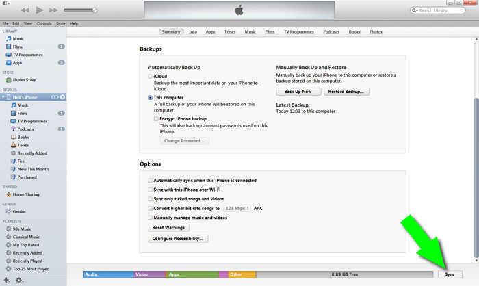Select "Sync" to sync your iTunes library to your device