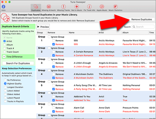 Remove duplicate music from Catalina Music app