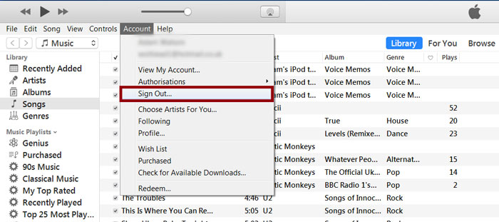 Sign out of iTunes account