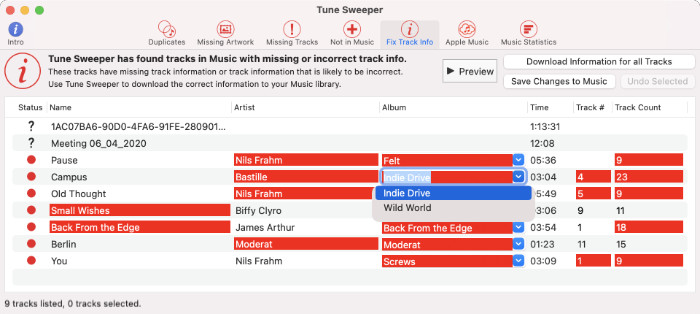 Download Track information in macOS Music app with Tune Sweeper
