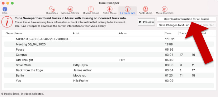 Download Track information in macOS Music app with Tune Sweeper