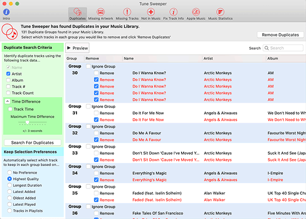 Automatically remove duplicate tracks from iTunes library