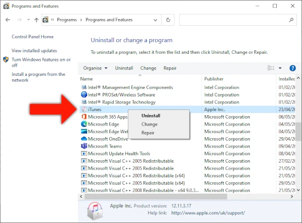 Uninstalling iTunes on PC