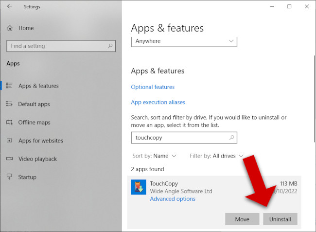 Uninstall TouchCopy on Windows 10 / 11