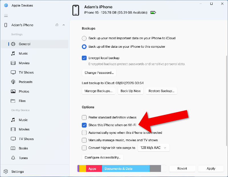 Enabling Wi-Fi connection in Apple Devices app