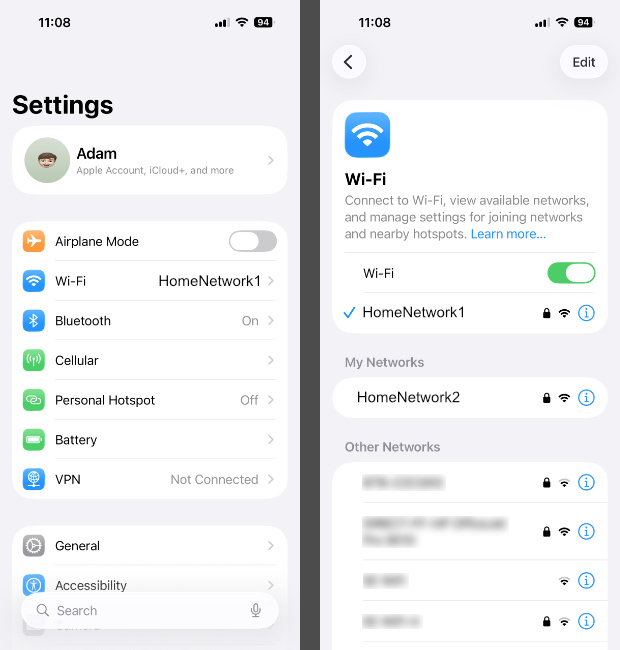 Changing Wi-Fi network on iPhone