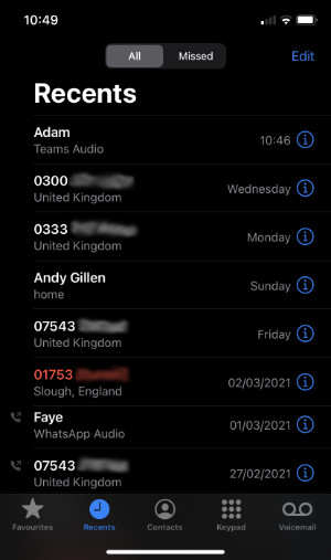 Viewing iPhone recent call history