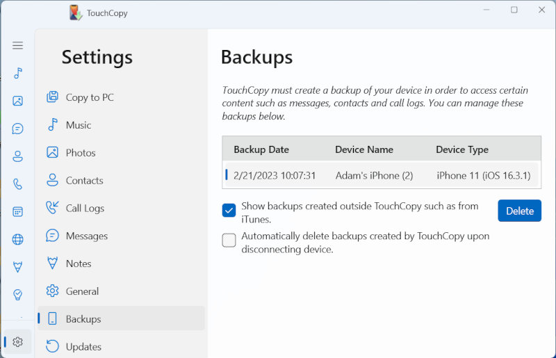 Manage device backups in TouchCopy on PC