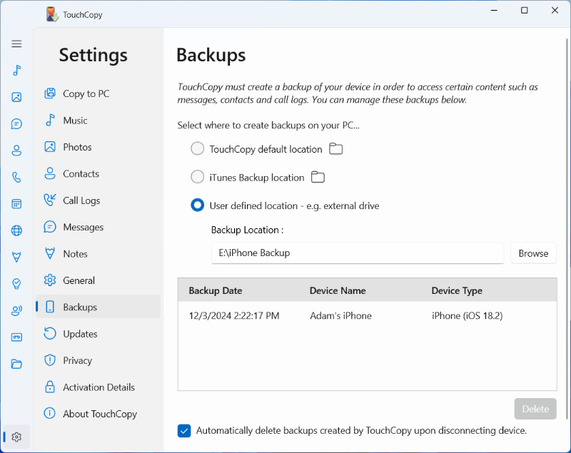 Manage device backups in TouchCopy on PC