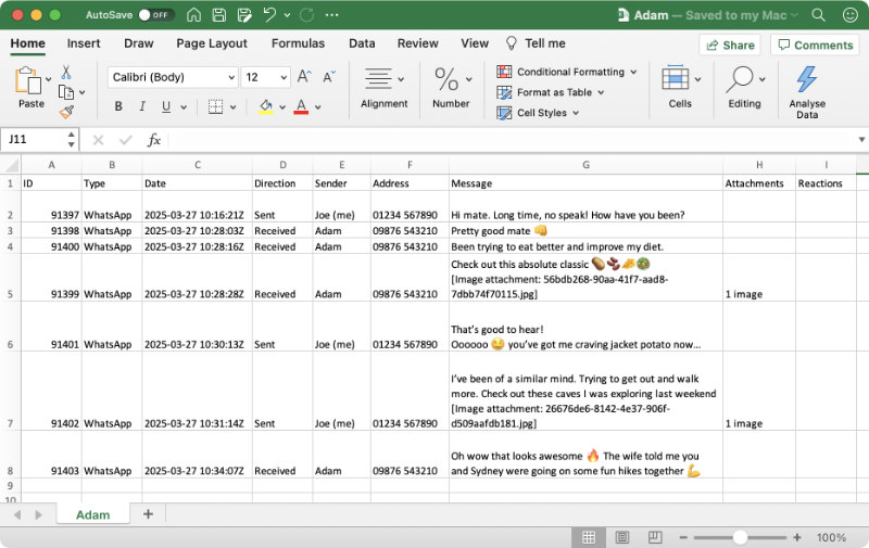 Example of a conversation which has been exported as CSV with TouchCopy