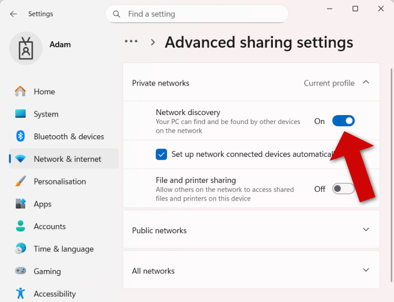 Turning on Network Discovery on Windows