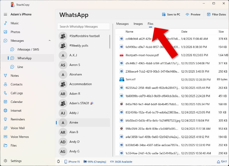 Saving files from iPhone text messages using TouchCopy