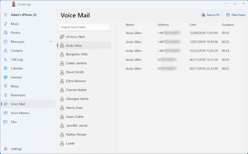 Save iPhone voice mails to computer using TouchCopy